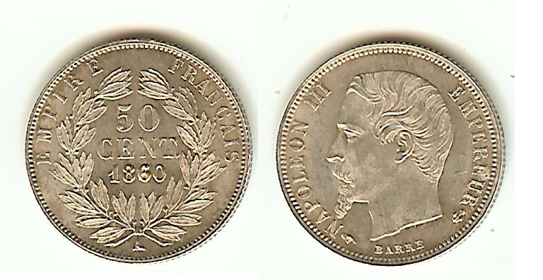 50 Centimes Napoleon III 1860A Paris AU/ Unc